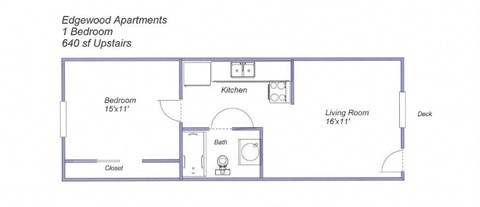 Floor plan for 1 bed, 1 bath, 640 sqft